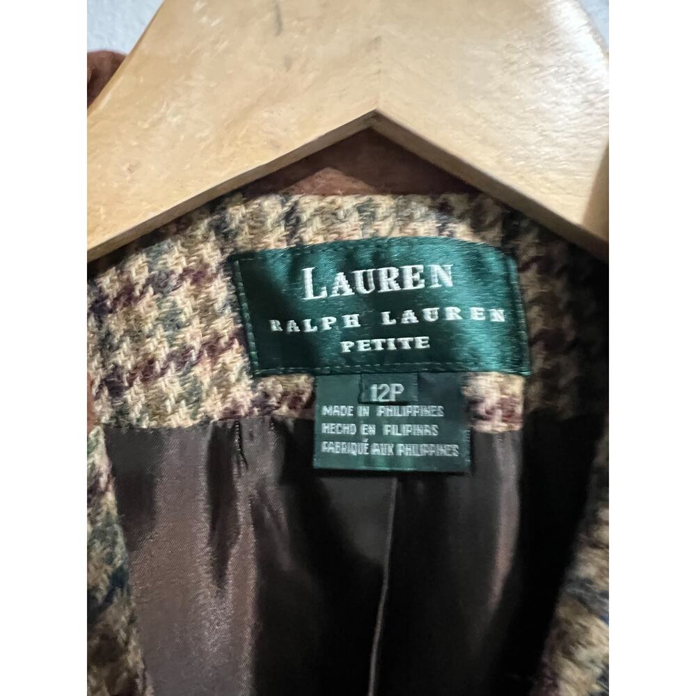 Lauren Ralph Blazer Jacket 12P Houndstooth Brown Suede Wool Preppy Vintage - Picture 3 of 9